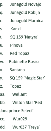 p. Jonagold Novajo q. Jonagold Robijn r. Jonagold Marnica s. Kanzi t. SQ 159 ‘Natyra’ u. Pinova v. Red Topaz w. Rubinette Rosso x. Santana y. SQ 159 ‘Magic Star’ z. Topaz aa. Wellant bb. Wilton Star ‘Red Jonaprince Select’ cc. Wur029 dd. Wur037 ‘Freya’